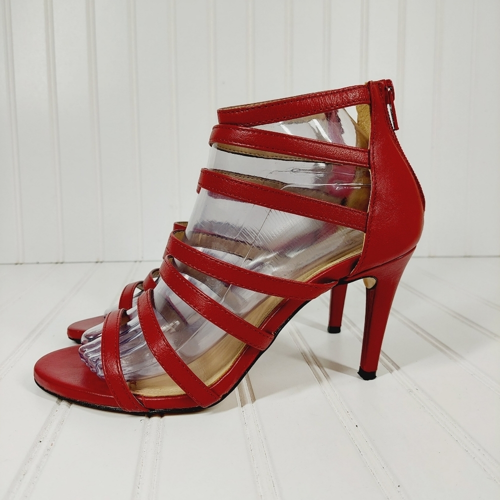 Bcbg MaxAzria Red Leather Strappy Zip up Heeled Sandals A198